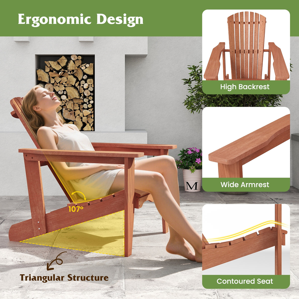 Solid Wood Adirondack Chair, High Backrest, Wide Armrests, Natural Adirondack Chairs at Gallery Canada