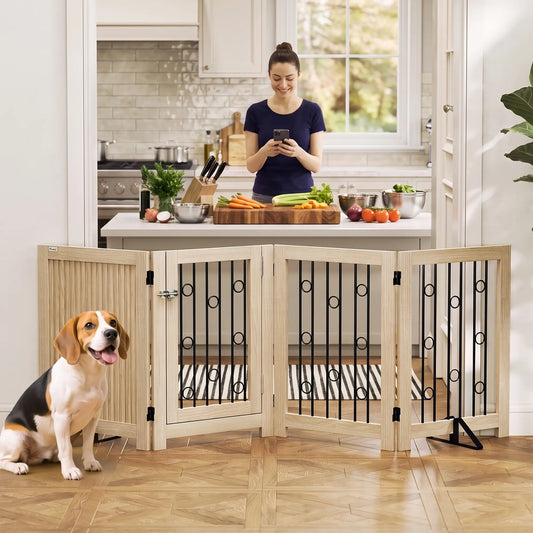 Wooden Foldable Dog Gate, 4 Panels, Walk-Through Door Pet Gates Oak, Black at Gallery Canada