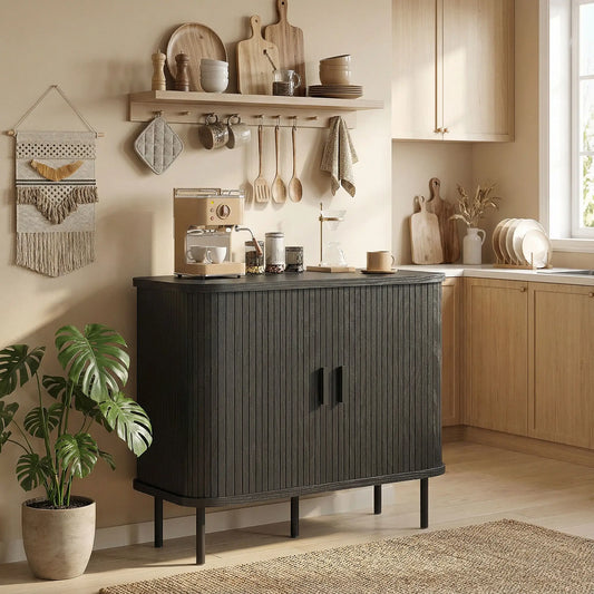 35.4" Sideboard Buffet Cabinet, Slatted Tambour Doors, Metal Legs, Black Storage Cabinets Black at Gallery Canada