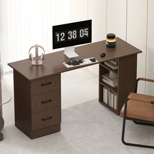 55 Inch Computer Desk, 3-Tier Shelves, 3 Reversible Drawers, Walnut Computer Desks Walnut at Gallery Canada