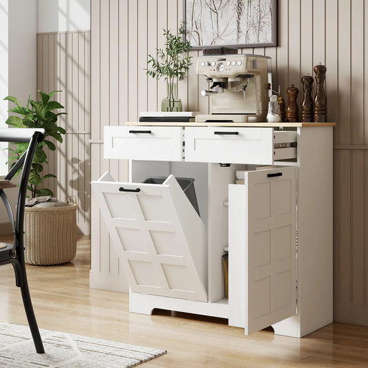 7 Gallon Tilt Out Garbage Cabinet, Kitchen Island, 2 Drawers, White Bar Cabinets White, Natural at Gallery Canada