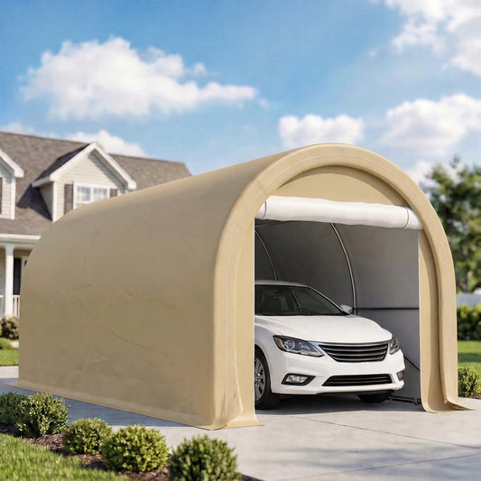 10' x 16' Heavy Duty Carport Tent, PE Cover, Beige Car Shelters Beige at Gallery Canada