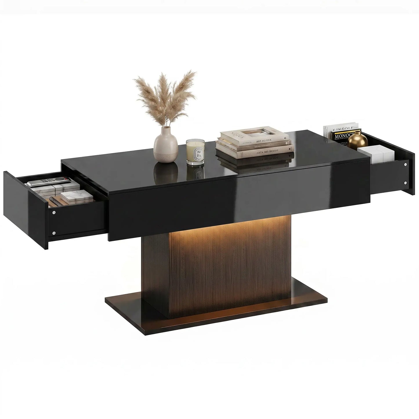 LED Coffee Table with Storage, High Gloss Modern Center Table with 2 Drawers and Remote Control for Living Room, Black Coffee Tables at Gallery Canada