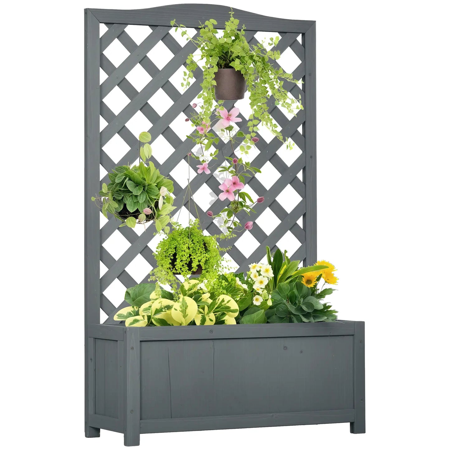 Wood Planter With Trellis, Raised Garden Bed, 28" x 11" x 46", Grey Wooden Planter Boxes at Gallery Canada