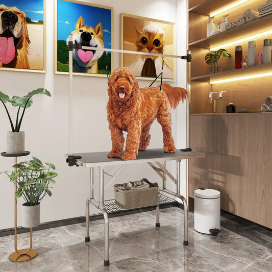 Adjustable Dog Grooming Table, 2 Safety Slings, Storage Basket, Grey Dog Grooming Tables Grey at Gallery Canada