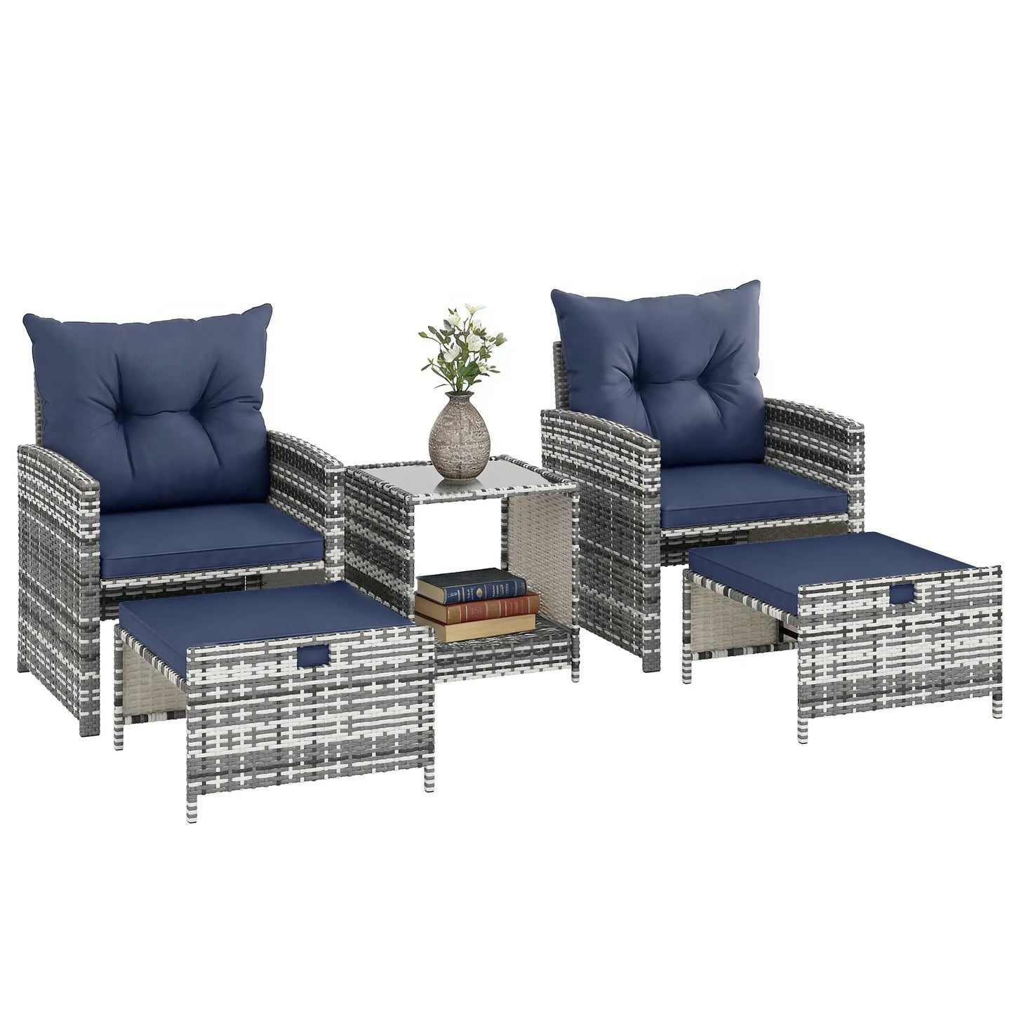 5 Piece Patio Furniture Set, Wicker Chairs With Ottomans, 2-Tier Glass Coffee Table, Grey/Dark Blue Patio Furniture Sets at Gallery Canada