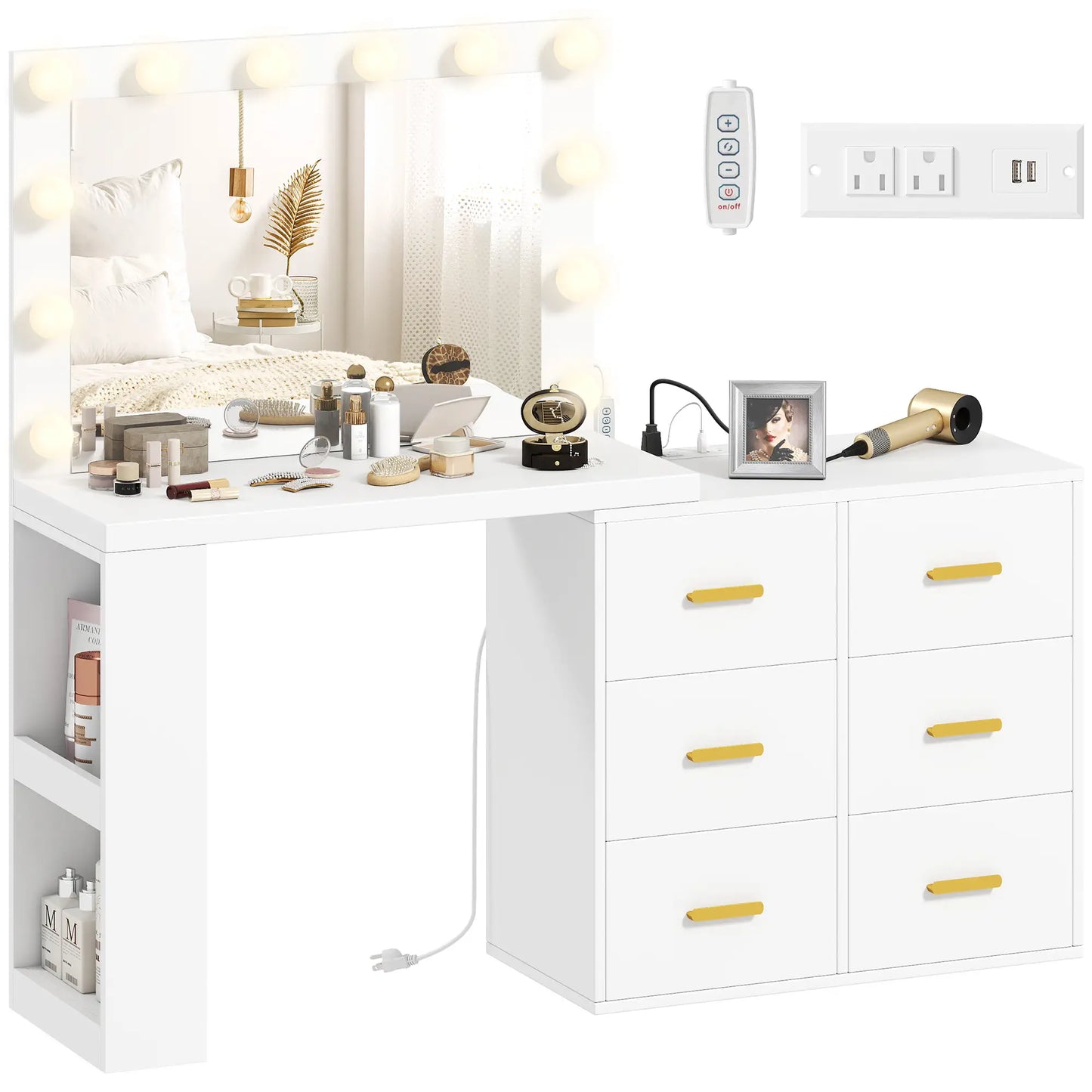 Vanity Desk with Mirror, LED Lights, Power Outlet, White Dressing & Vanity Tables at Gallery Canada