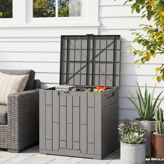 30 Gallon Resin Deck Box, Lockable Outdoor Storage, Splash And UV Resistant Patio Storage Boxes Grey Wood Effect at Gallery Canada