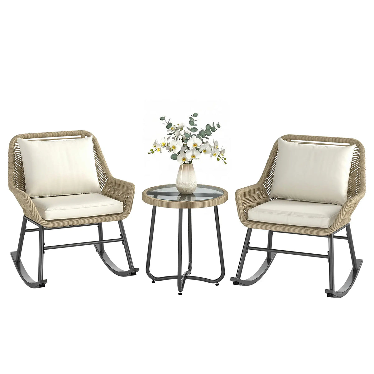 3 Piece Rocking Bistro Set with Cushions, Glass Table, Cream White, Cream White Bistro Sets at Gallery Canada