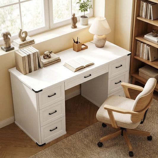 55" Computer Desk With 7 Drawers, Farmhouse Executive Desk, White Wood Grain Computer Desks White Wood Grain at Gallery Canada