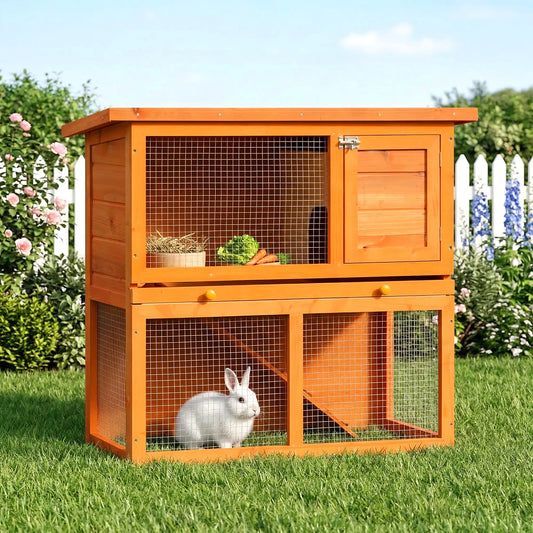 Wooden Rabbit Hutch, Small Animal Cage, 2-Level with Run Rabbit Hutch Vintage Yellow, Green at Gallery Canada