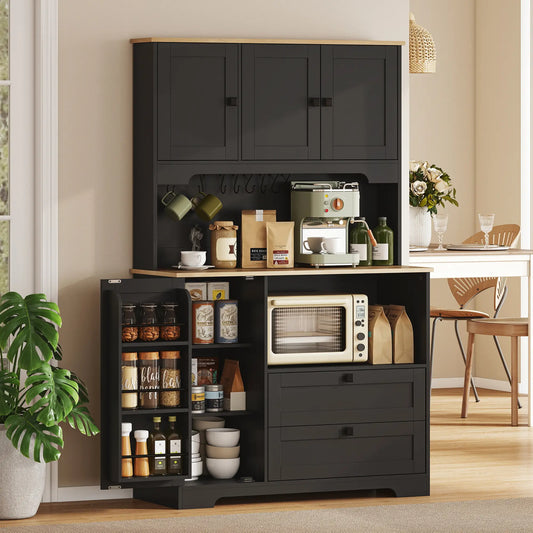 64" Kitchen Pantry Cabinet, 3 Cabinets, 2 Drawers, Adjustable Shelves, Black Kitchen Pantry Cabinets Black, Natural Wood at Gallery Canada
