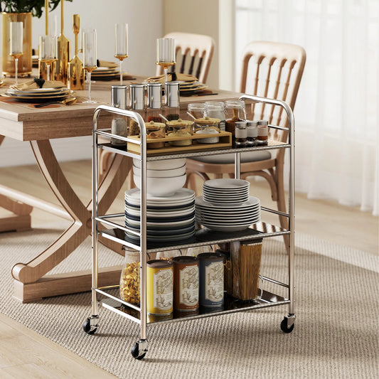 3 Tier Stainless Steel Rolling Cart, Adjustable Shelf, Wheels, Silver Kitchen Islands & Kitchen Carts Silver at Gallery Canada