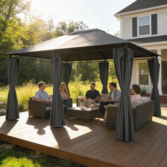 13'x10' Steel Patio Gazebo Canopy, 6 Removable Curtains, Dark Grey Gazebos Grey and Black Frame, Dark Grey at Gallery Canada