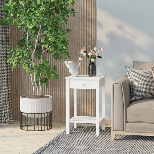 Multipurpose Bedside Table with Drawer, Storage Shelf, White Side Tables White at Gallery Canada