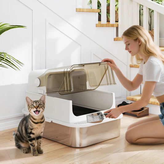 Stainless Steel Cat Litter Box, Easy Clean Enclosure, 27.6" L x 19.7" W x 18.3" H, White Cat Litter Box Enclosures Stainless steel, white, grey, transparent at Gallery Canada