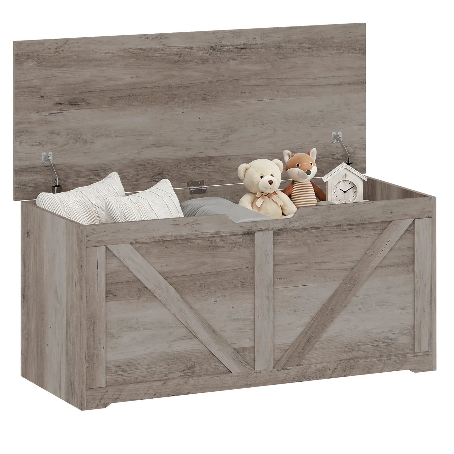 Storage Chest with Safety Hinges, Grey Wood Grain, 39.4 Inches, Grey Storage Cabinets at Gallery Canada