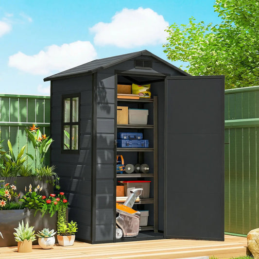 4' x 3' Plastic Garden Shed With Floor, Lockable Door, Window, Vent, Dark Grey