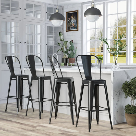 Set of 4 Bar Stools, Industrial Kitchen, Metal Frame, Black