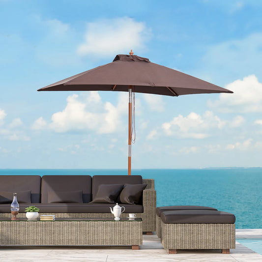 6.6x5ft Square Market Parasol, Wooden Patio Umbrella, Tilt Mechanism, 6 Bamboo Ribs