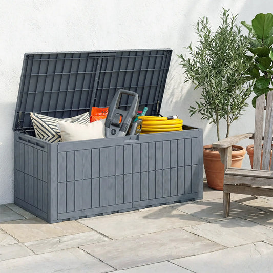 100 Gallon Waterproof Lockable Deck Box, Outdoor Storage, Gas Rods Patio Storage Boxes Grey Wood Effect at Gallery Canada