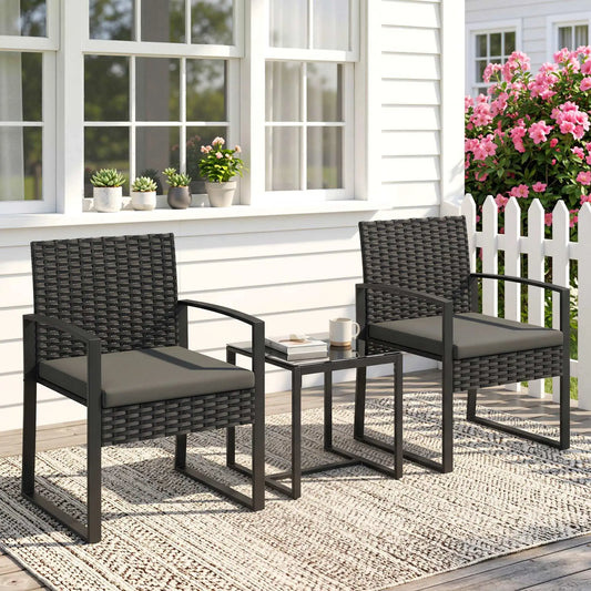 3 Piece Wicker Patio Set, Glass Top Table With Cushions, Dark Grey Bistro Sets Black, Dark Grey at Gallery Canada