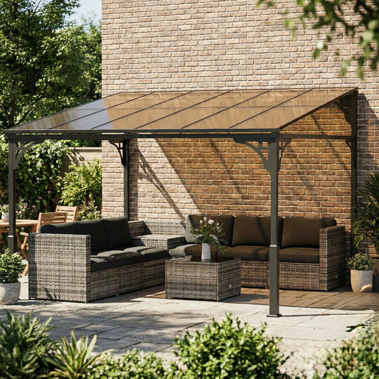 11' x 10' Outdoor Pergola, Wall Mounted Hardtop Gazebo, Polycarbonate Roof, Metal Frame Pergolas Brown at Gallery Canada