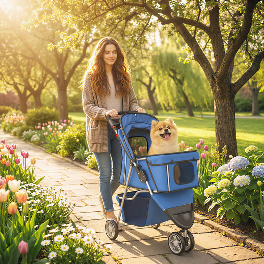 Foldable 3 Wheel Dog Stroller, Storage Basket, Adjustable Canopy, Blue Dog Bike Trailers & Strollers Blue at Gallery Canada