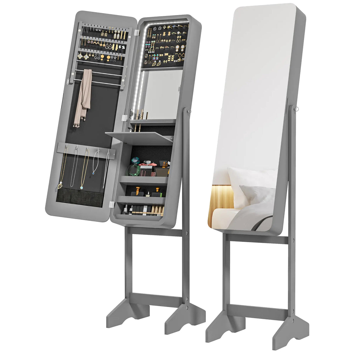 Standing Mirror Jewelry Cabinet, LED Lights, Angle Adjustable, Grey Jewelry Armoire & Jewellery Mirror Cabinets at Gallery Canada
