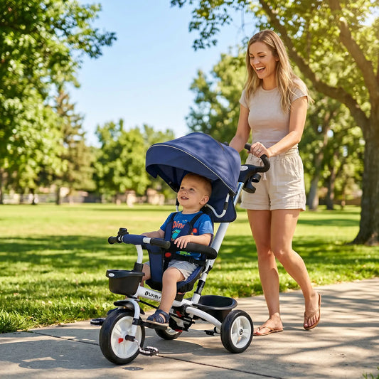 6 in 1 Toddler Tricycle, Parent Push Handle, Canopy, Storage Baskets, Dark Blue Tricycles for Kids Dark Blue, White at Gallery Canada