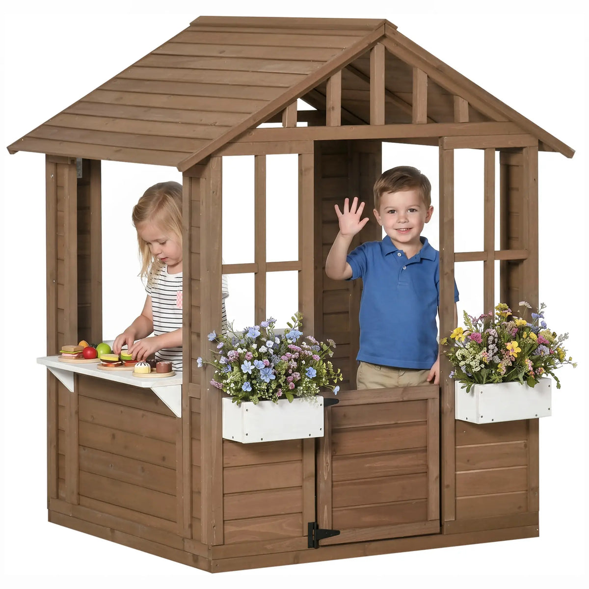 Kids Wooden Playhouse, Outdoor Cottage with Flower Pot Holder, Brown Play Houses at Gallery Canada
