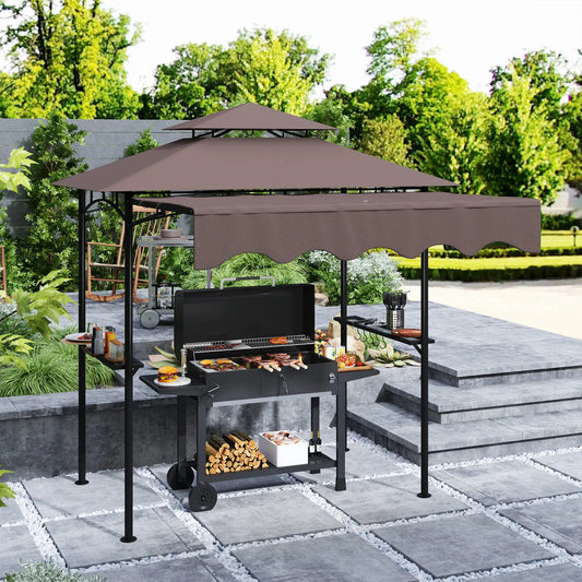 8' x 5' Grill Gazebo, Double Tiered Barbecue Shelter With Side Awning, Brown BBQ Grill Gazebos Brown at Gallery Canada