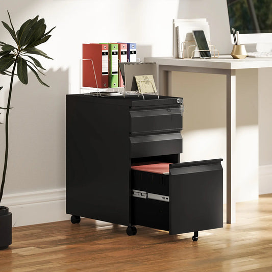 3 Drawer Filing Cabinet with Lock, Steel Office Storage, Black Office Cabinets & Cupboards Black at Gallery Canada