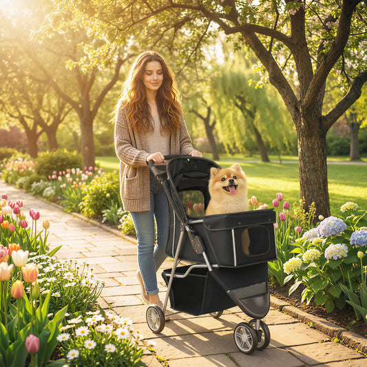 3 Wheel Foldable Dog Stroller, Storage Basket, Adjustable Canopy, Black Dog Bike Trailers & Strollers Black at Gallery Canada