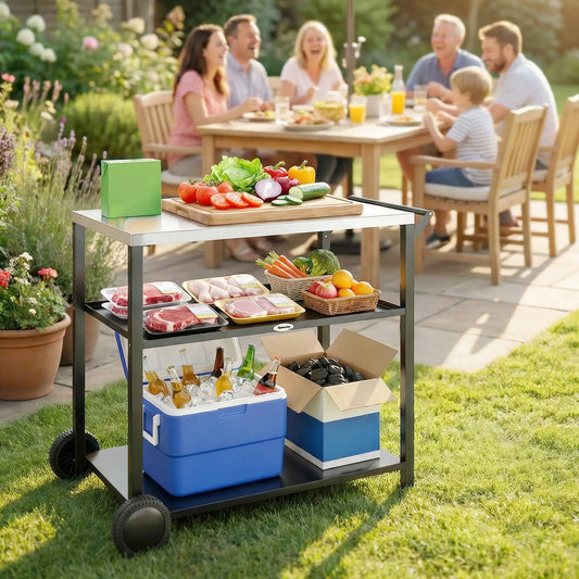 Outdoor Grill Cart, Stainless Steel Top, Three-Tier Pizza Oven Stand, Black Outdoor Grill Carts Black at Gallery Canada
