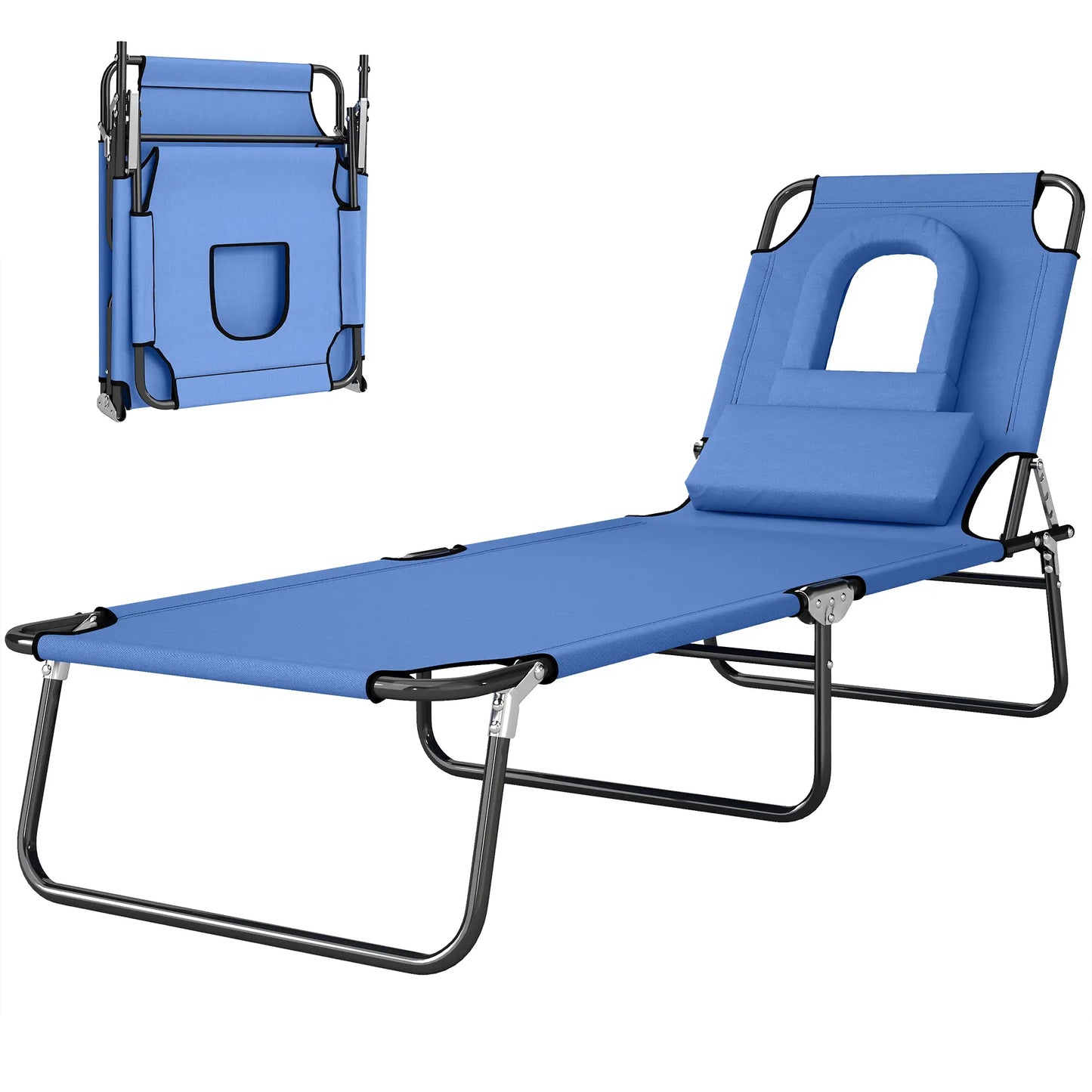 Adjustable Outdoor Lounge Chair, Folding Chaise with Face Hole, Blue Lounger Chairs at Gallery Canada
