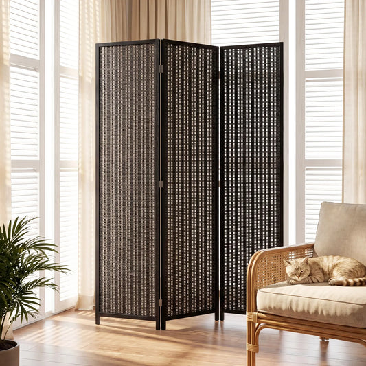 3 Panel Folding Privacy Screen, Handwoven Bamboo Pine Wood Frame, Black Room Dividers Black at Gallery Canada