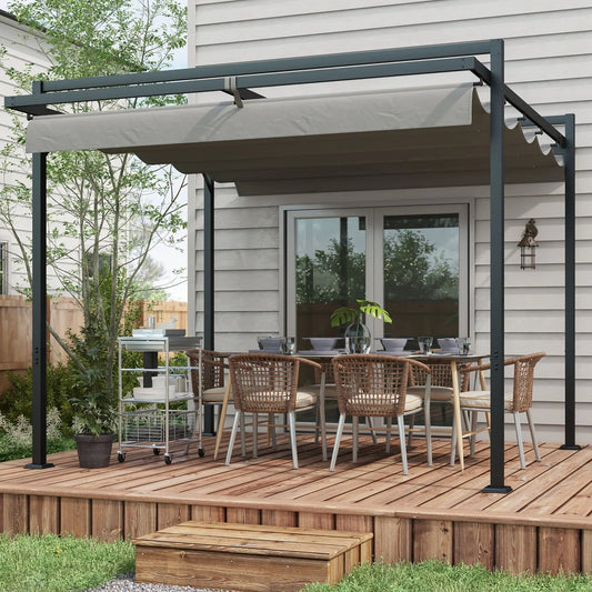 10'X10' Retractable Pergola, Garden Shade Shelter, Dark Grey