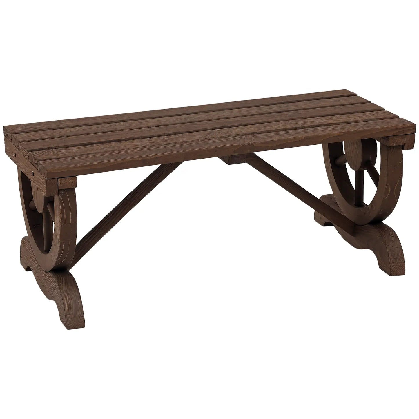 Rustic Wood Wheel Outdoor Garden Bench, 2-Person, Brown Outdoor Benches at Gallery Canada
