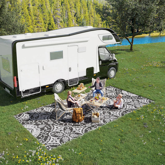 Portable Outdoor Rug with Carry Bag, 9' x 18', Waterproof, White Flower, Gray Outdoor Reversible Rugs Options at Gallery Canada