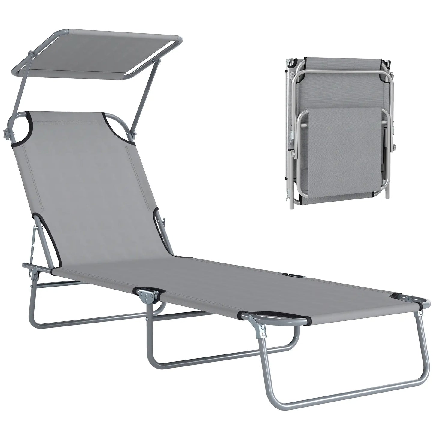 Outdoor Lounge Chair, Adjustable Folding Chaise, Sun Shade, Light Grey Lounger Chairs at Gallery Canada