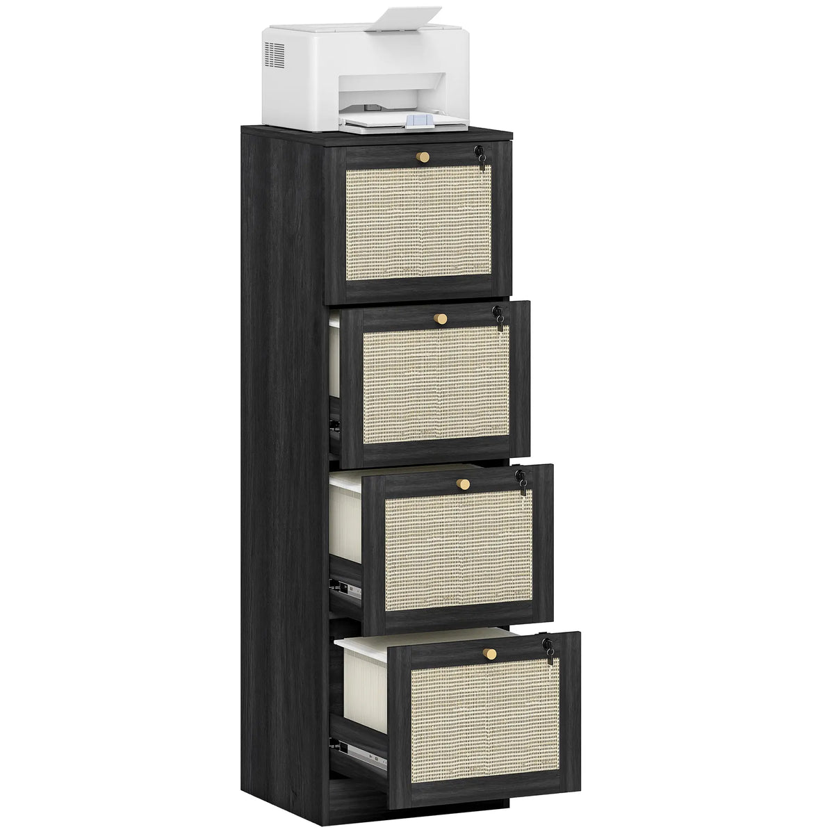 4 Drawer Filing Cabinet with Lock, Boho Style, A4 Letter Size, Black Office Cabinets & Cupboards at Gallery Canada