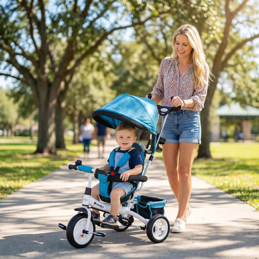 6 in 1 Toddler Tricycle Stroller, Basket, Canopy, 5-Point Harness, 12-60 Months, Blue Tricycles for Kids Blue, White at Gallery Canada