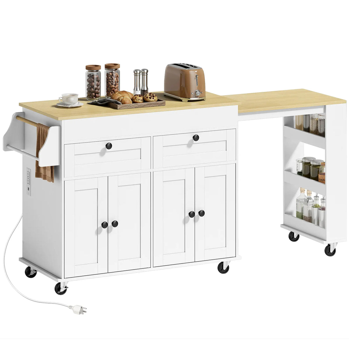 Kitchen Island With Sliding Expandable Top, Rolling Cart, White Kitchen Islands & Kitchen Carts at Gallery Canada