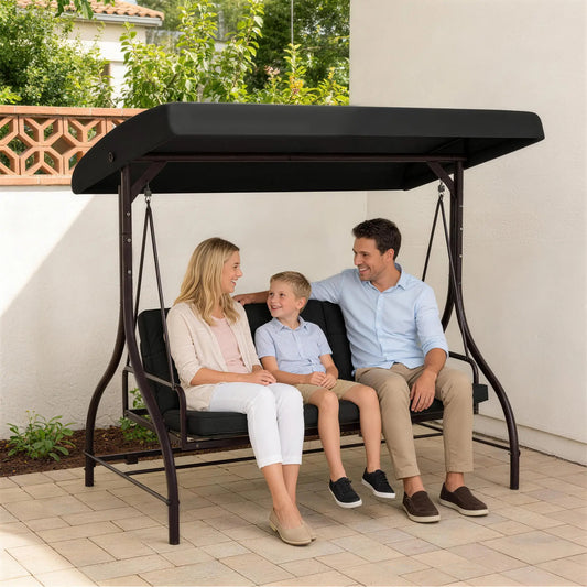Convertible Patio Swing Bed With Canopy, Cushions, 3 Seater, Black Patio Swings with Stand Black at Gallery Canada