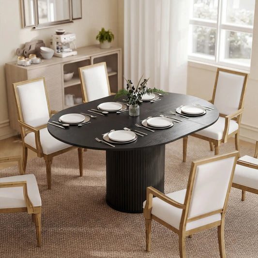 Extendable Kitchen Table, 43.5"-59", Black Wood Grain, Pedestal Base, Black Dining Tables Black Wood Grain at Gallery Canada