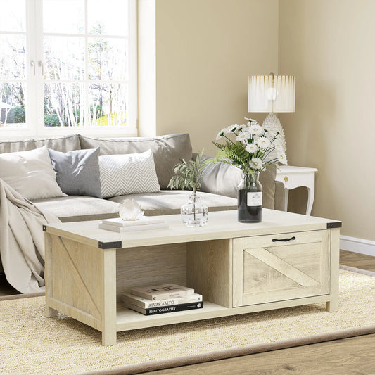 Industrial Coffee Table with Drawer, Open Shelf, White Oak, White Coffee Tables White Oak at Gallery Canada