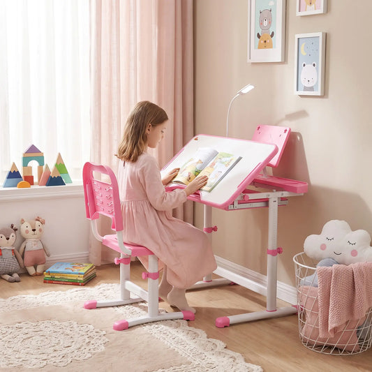 Kids Desk and Chair Set, Adjustable Height, Tilt Desktop, Pink Kids Desk Sets Pink at Gallery Canada