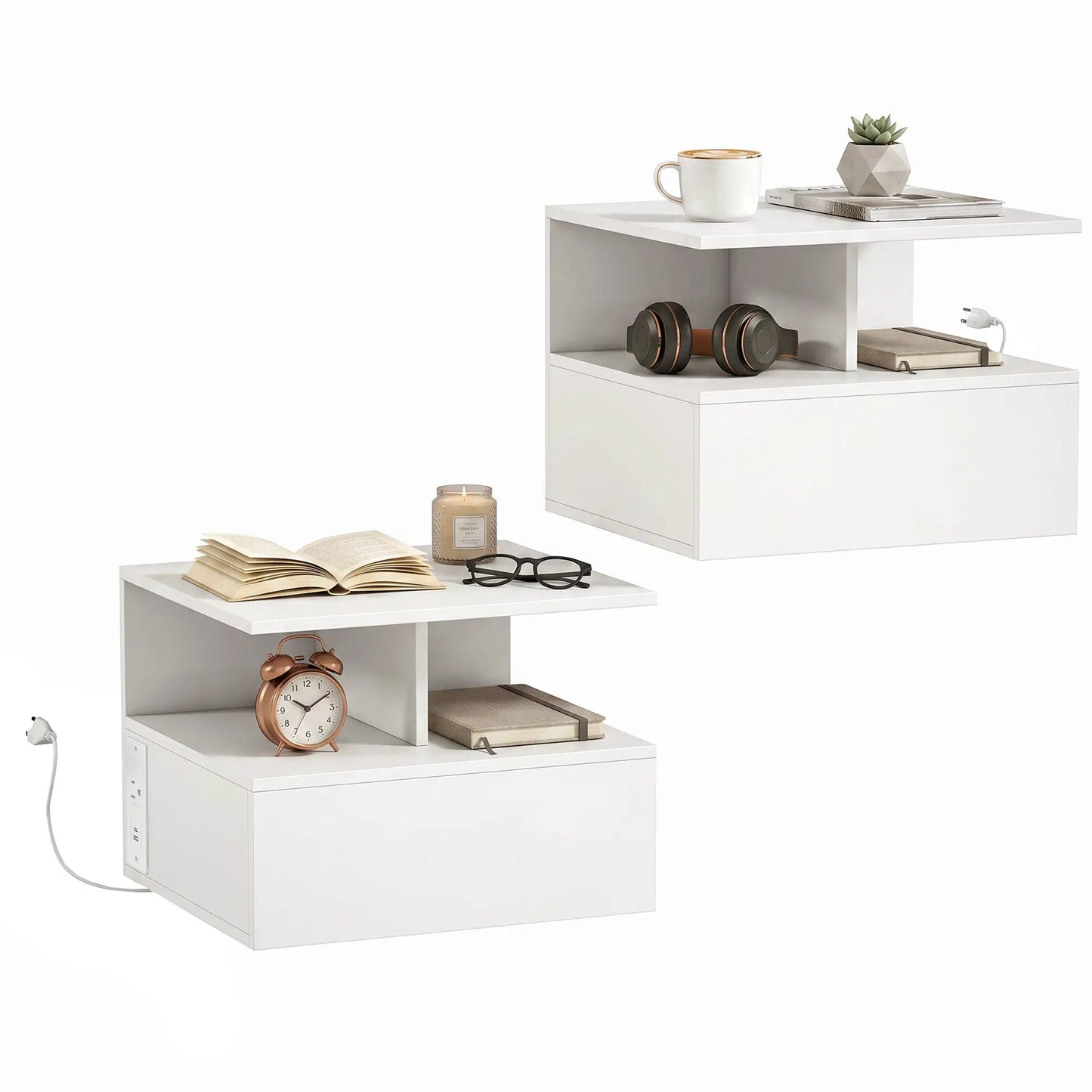 Floating Nightstand Set of 2, Wall Mounted Bedside Table with with Power Outlets, Drawer and Shelf, White Bedside Tables at Gallery Canada