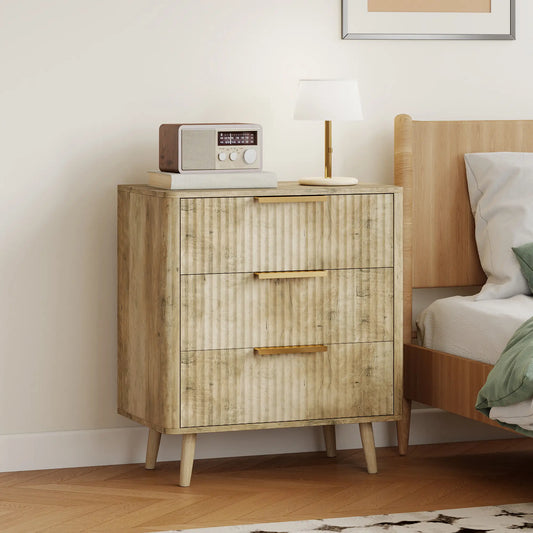 Fluted Chest of Drawers, Modern 3 Drawer Dresser with Pine Wood Legs, Oak Storage Cabinets Oak at Gallery Canada